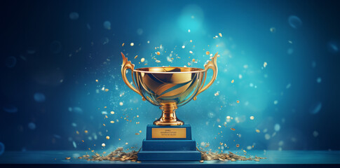 Golden trophy cup on blue or red isolated background , winners golden cup. Award