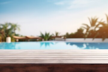 Wall Mural - Empty wooden table top and blurred outdoor pool, spa on the background. Copy space for your object, product presentation. Display, promotion, advertising. Holiday, vacation, relax mood.