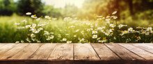 Empty Rustic Old Wooden Boards Table Copy Space With Chamomile Flowers Growing On A Meadow Background. Product Display Template. Generative AI