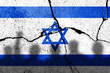 Flags of Israel painted on the concrete wall with soldiers shadow. Gaza, hamas and Israel conflict