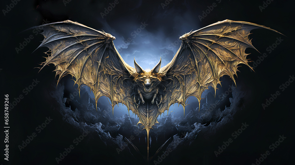 Bat with outstretched wings stands in front of a dynamic illuminated ...