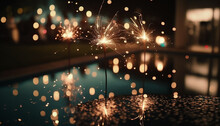 Happy New Year, Glittering Burning Sparkler With Swimming Pool Bokeh Light Background, New Year Count Down, Birthday Party And Celebration.