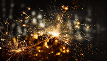 Happy New Year, Glittering Burning Sparkler With Blurred Bokeh Light Background, New Year Count Down, Birthday Party And Celebration.