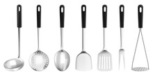Set Of Kitchen Cooking Utensils Such As Soup Ladles And Slotted Spoons, Kitchen Spatula, Potato Masher, Skimmer Spoon, Meat Fork, 3d Realistic Mockup Vector Illustration Isolated On White Background.
