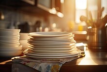 A Clean And Modern Collection Of Ceramic Plates, Crockery And Cutlery Neatly Stacked In A Kitchen Setting.