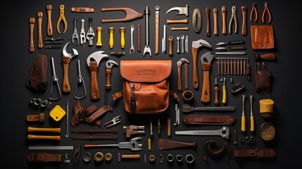 Top view of brown leather articles used for daily transportation against a white background.