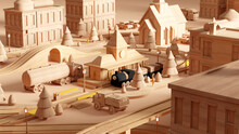 Wooden Miniature Toy Train Set With Warm Lighting And Plain Background. Wooden Miniature City Town With Cozy Vibes. 3d Rendering