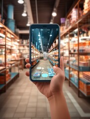 Augmented Reality Shopping Concept - Hand holding a smart phone, selecting a store, interactive digital experience:, Modern technology, convenience, online retail. Created using generative AI 