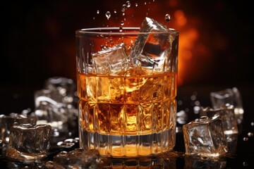 Ice cubes falling into a glass of whiskey