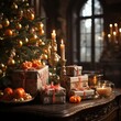 © Marin Zhu - New Year tree in the house near the window and fireplace with many gifts. Festive gift giving. Decorated house for Christmas and New Year. Lights of garlands and candles in the room