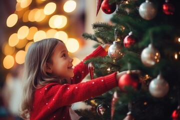 Happy child decorating Christmas tree. Copy space. Website images