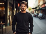 Fototapeta  - Urban portrait of a handsome hipster with a simple empty black jacket or sweatshirt on a city street, with space for your logo or design. Mock up for printing