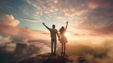 Romantic Couple Holding Hands While Standing On The Top Of The Mountain And Sunset Background.