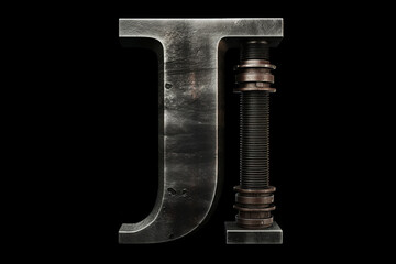 Industrial 3D font design, realistic iron steel alphabet, capital letter J with metal texture isolated on black background, factory style abc