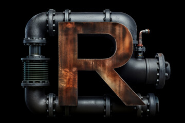 Industrial 3D font design, realistic iron steel alphabet, capital letter R with metal texture isolated on black background, factory style abc