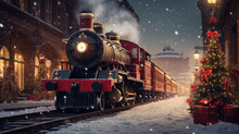 Old Locomotive Train For The Christmas Holiday And Winter Season, At Night In The Snow With Warm Lights 