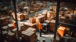 Warehouse workers working in a large warehouse. Industrial and industrial workers concept