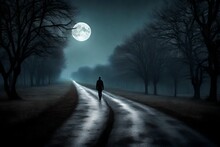 Create An Image Of A Quiet, Moonlit Road With A Solitary Figure Walking Along