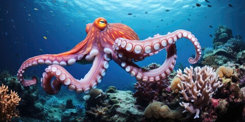 Canvas Print - beautiful giant octopus around beautiful colorful coral AI Generative