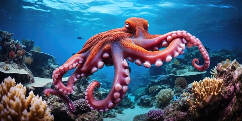 Wall Mural - beautiful giant octopus around beautiful colorful coral AI Generative