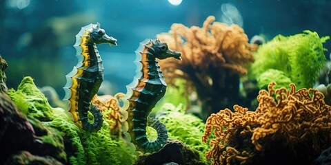 Wall Mural - beautiful seahorses around very beautiful coral reef AI Generative