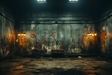 A Moody And Atmospheric Shot Of A Dimly Lit Grunge Wall In A Derelict Industrial Building, With Dramatic Shadows And Eerie Ambiance