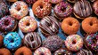 An assortment of donuts covered with colorful glaze and sprinkles at a candy store. Make your choice. A sweet for breakfast. Illustration for banner, poster, cover, brochure, advertising or marketing.