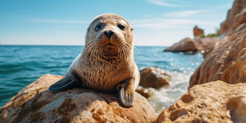 a cute seal sitting on beautiful rock near ocean AI Generative