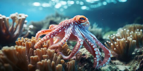 Sticker - a beautiful giant squid around very beautiful coral reef AI Generative