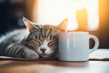 Cat Sleeping Next To A Coffee Cup