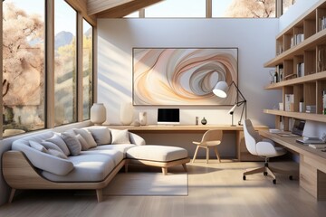 Wall Mural - modern minimalist home study with light natural materials with modern art on the walls