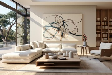 Wall Mural - modern minimalist living room with light natural materials with modern art on the walls