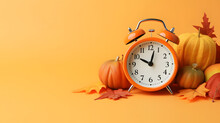 Alarm Clock With Autumn Leaves And Pumpkin On Orange Background