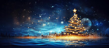 Christmas And New Year Holidays Concept. Golden Christmas Tree With Stars And Shiny Lights On A Blue Abstract Night Background