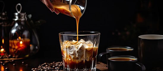 Poster - Woman cautiously combines espresso milk and syrup into glasses creating a chilled coffee cocktail With copyspace for text