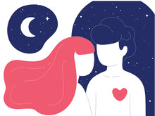 Silhouette Of Couple Lovers In The Night Under The Moon And Stars. Happy Young Romantic Couple Together.Wife And Husband Loving Relationships. Adam And Eve. Flat Cartoon Illustration