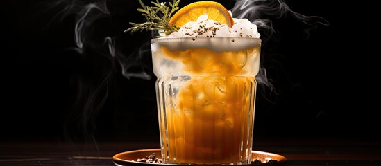 Canvas Print - Foamy cocktail with rosemary and metal straw made from dried oranges With copyspace for text