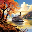 small cruise ship on riverboat scene, autum