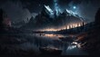 river, mountain landscape at stary night design illustration