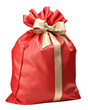 Bag. A red sack tied with a gold ribbon and a bow. Festive sack. Isolated on a transparent background.