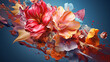 Abstract surreal background with tropical flowers on dark blue texture. Banner.