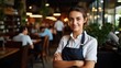 © Fred - Portrait of a woman resaurant server in a charming cafe managing multiple tables and providing excellent customer care
