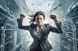 A determined businesswoman shattering a glass ceiling with her powerful punch, symbolizing her strength and determination to break through barriers in her career.