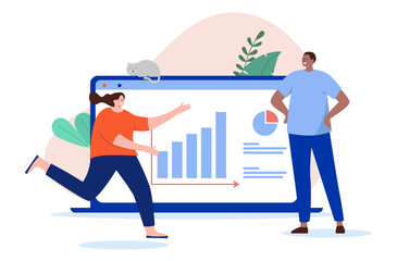 Aufkleber - Happy with business results - Two people in front of rising chart smiling and feeling good about growth. Flat design cartoon style vector illustration with white background