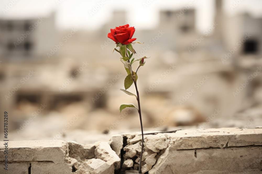 Red rose on the ruins of a house in Palestine. Pray for Palestine