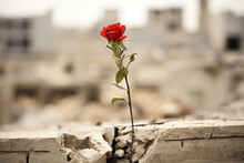 Red Rose On The Ruins Of A House In Palestine. Pray For Palestine