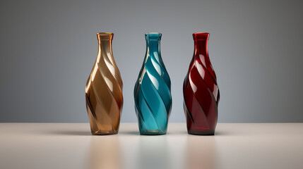 3D Rendered Glass Bottle with Ripples in Shades of Indigo, Maroon, and Bronze Against a Gray Background, Minimalist Mockup  - Generative AI