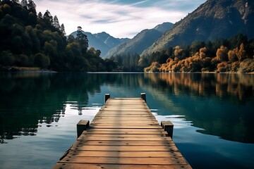 Wooden jetty on the lake in autumn. Beautiful mountain landscape.