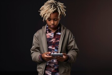 Sticker - A young boy with dreadlocks looking at his cell phone. This image can be used to depict modern technology and youth culture.