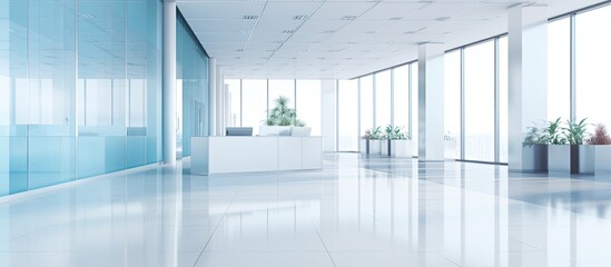 Sticker - Glass walled office hallway with doors reception desk and corridor With copyspace for text